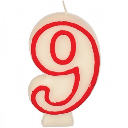 картинка Свеча-цифра ко дню рождения «9»; воск; H=16, L=144/74, B=84мм; белый, красный (03200398) Papstar от интернет-магазина Posuda-bar